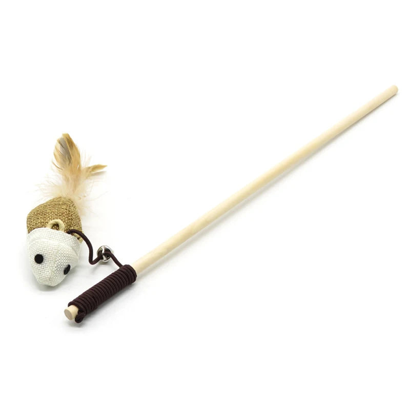 Wooden Cat Teaser Wand with Feather Toy