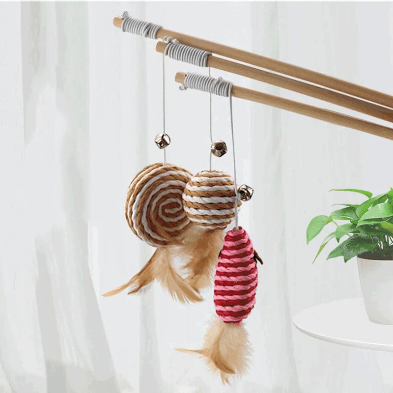 Wooden Cat Teaser Wand with Feather Toy