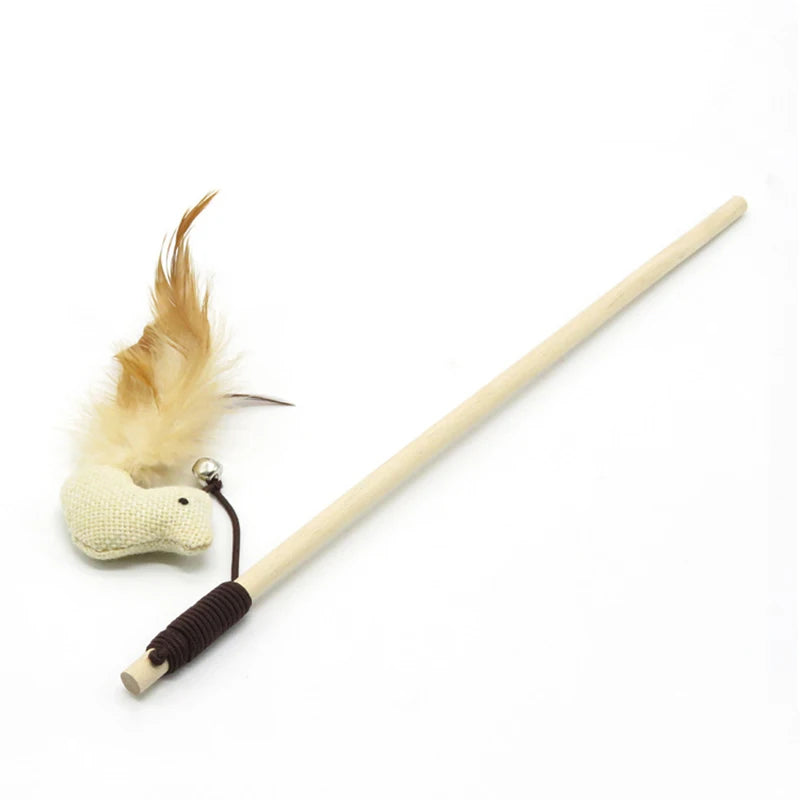 Wooden Cat Teaser Wand with Feather Toy