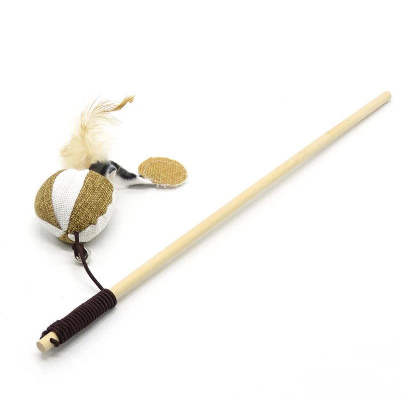 Wooden Cat Teaser Wand with Feather Toy