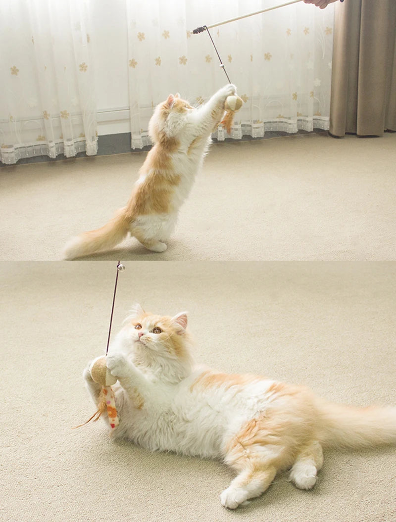 Wooden Cat Teaser Wand with Feather Toy