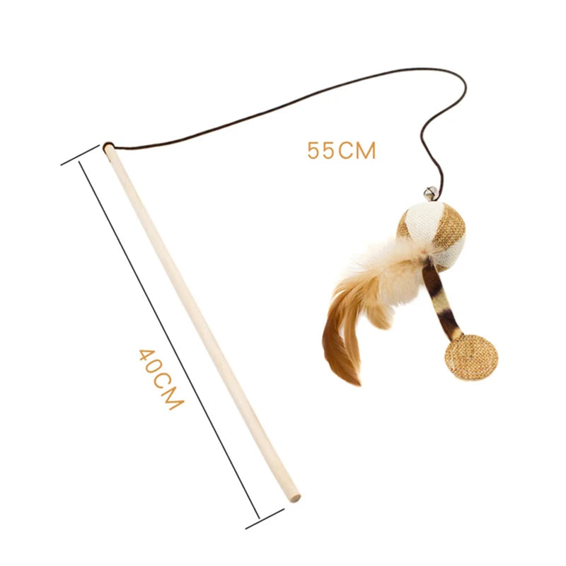 Wooden Cat Teaser Wand with Feather Toy