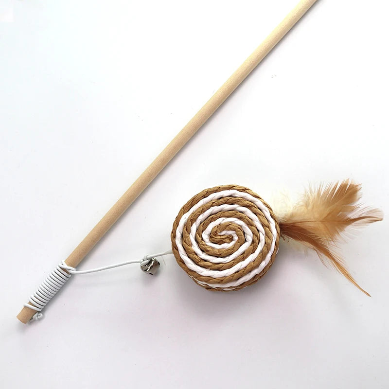 Wooden Cat Teaser Wand with Feather Toy