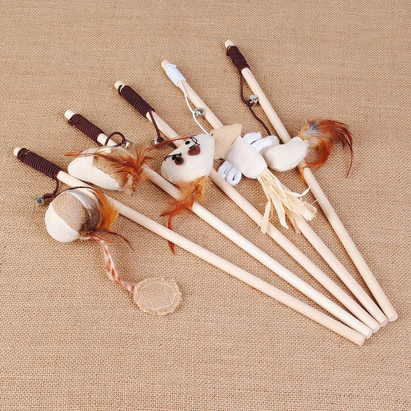 Wooden Cat Teaser Wand with Feather Toy