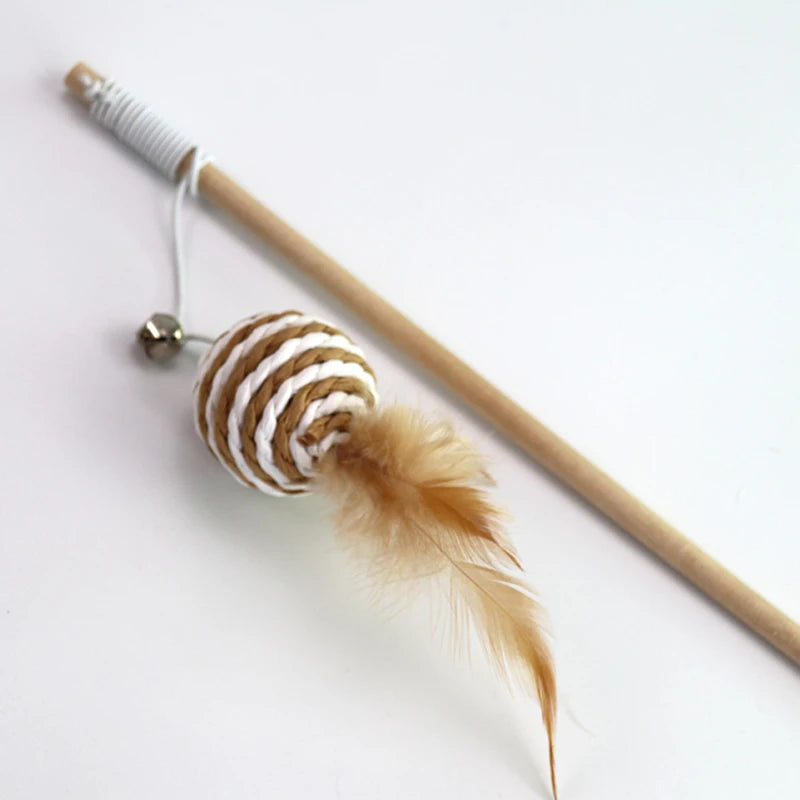 Wooden Cat Teaser Wand with Feather Toy