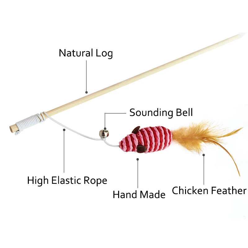 Wooden Cat Teaser Wand with Feather Toy