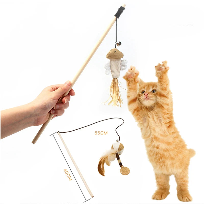 Wooden Cat Teaser Wand with Feather Toy