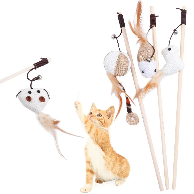 Wooden Cat Teaser Wand with Feather Toy