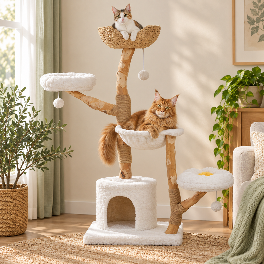 Multi-Level Cat Tree with Woven Basket Bed — cat-tree-basket-bed-03-cat.png