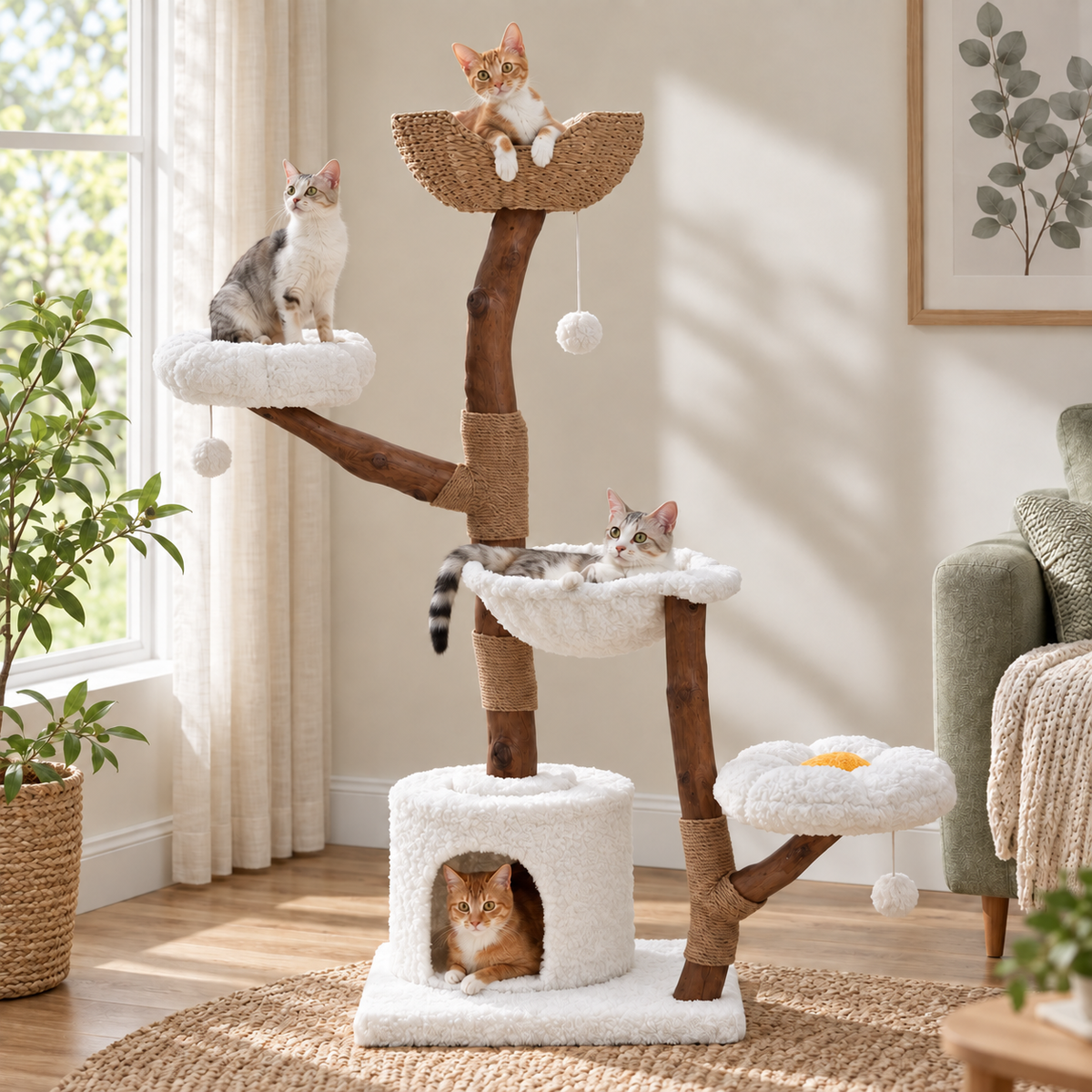 Multi-Level Cat Tree with Woven Basket Bed — cat-tree-basket-bed-brown-02-angle.png