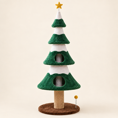 Christmas Cat Tree with two round entrances on the lower tiers