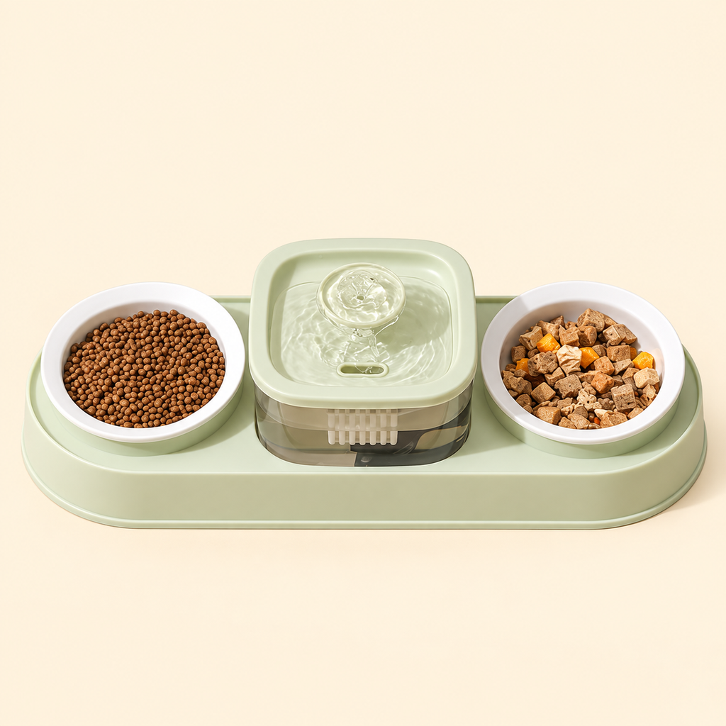 Cat Water Fountain with Double Bowl Set — gravity-water-food-set-02-angle.png