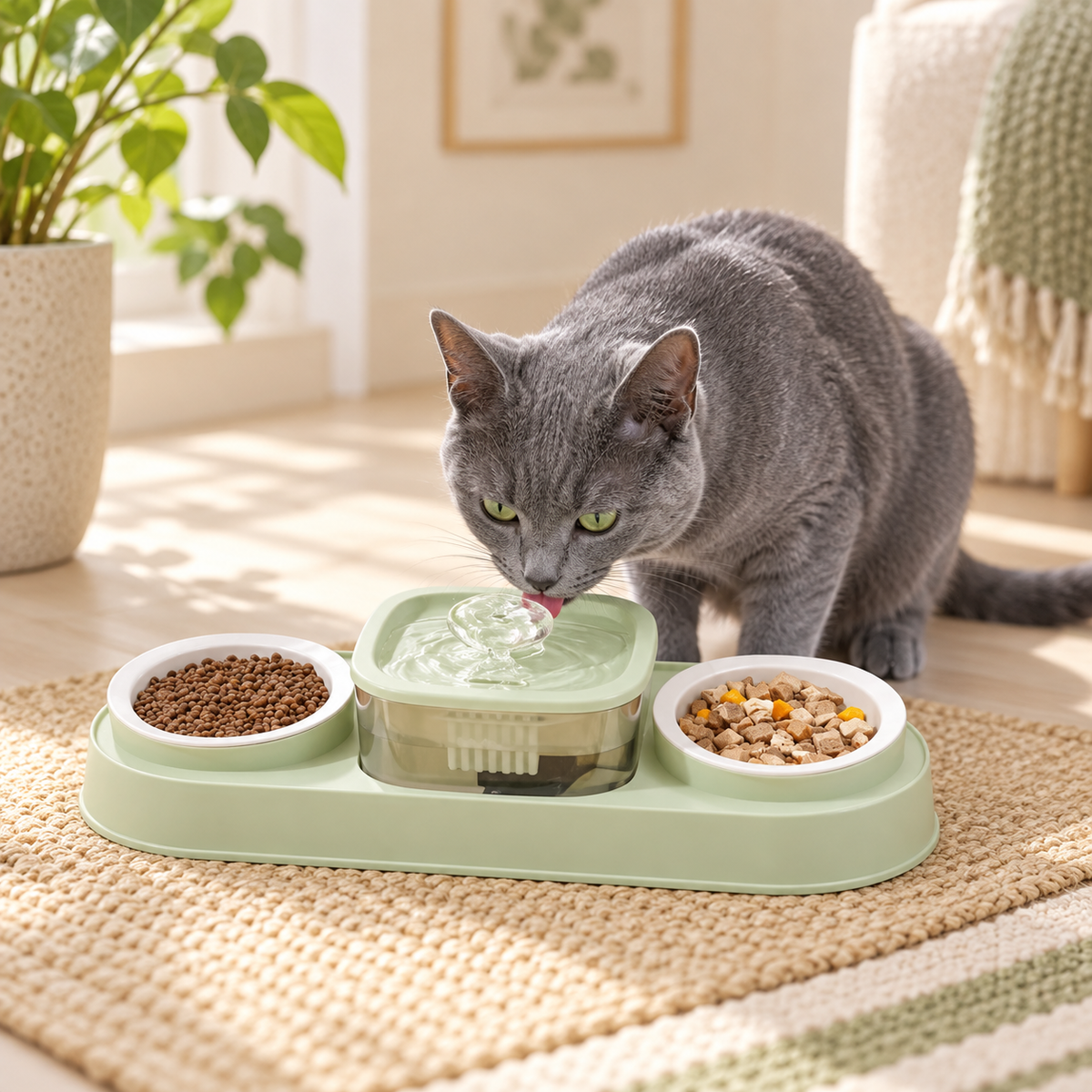 Cat Water Fountain with Double Bowl Set — gravity-water-food-set-03-cat.png