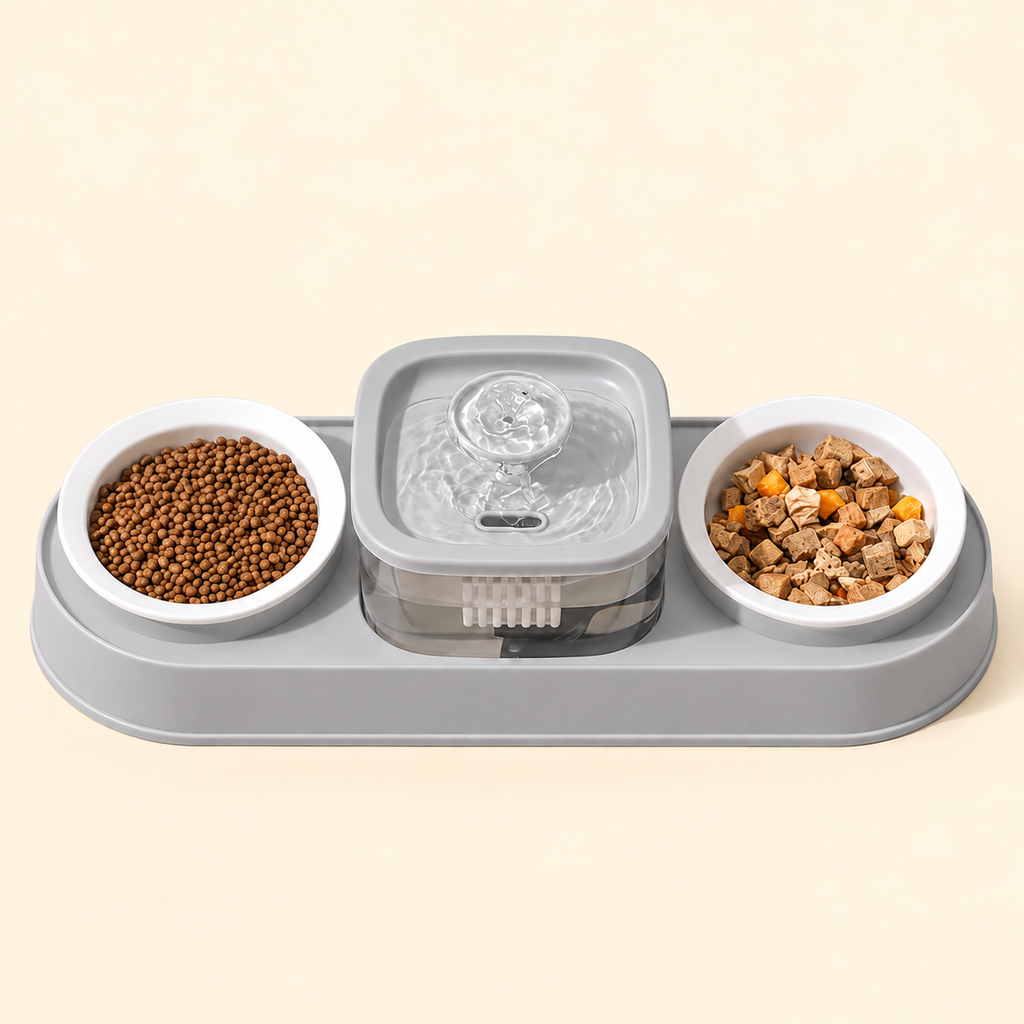 Cat Water Fountain with Double Bowl Set — gravity-water-food-set-gray-02-angle.png