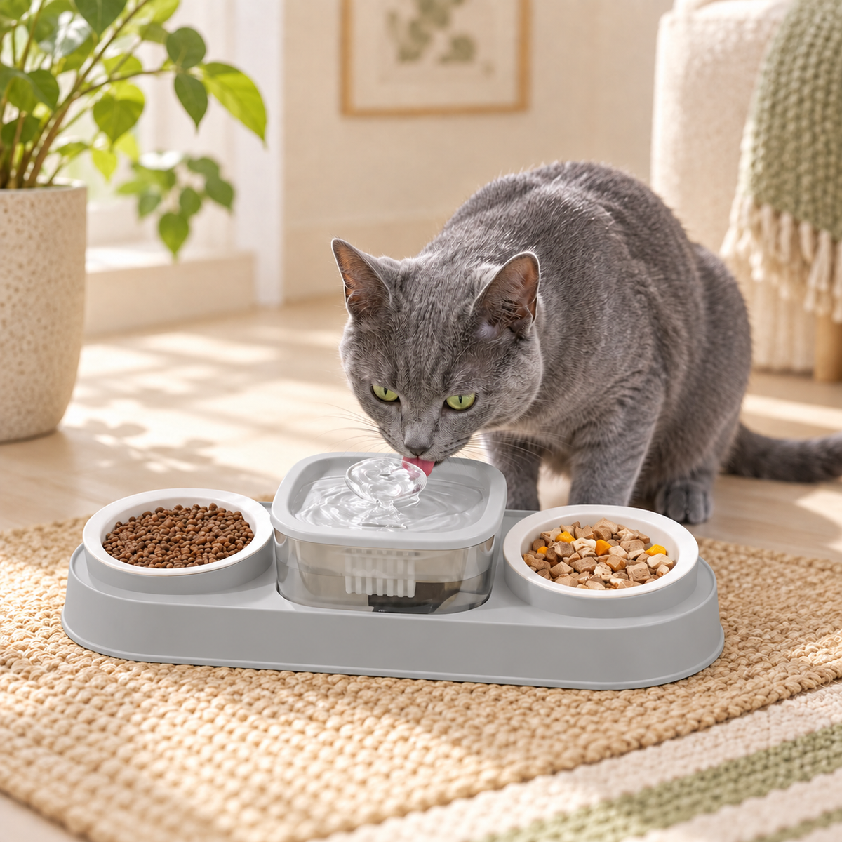 Cat Water Fountain with Double Bowl Set — gravity-water-food-set-gray-03-cat.png