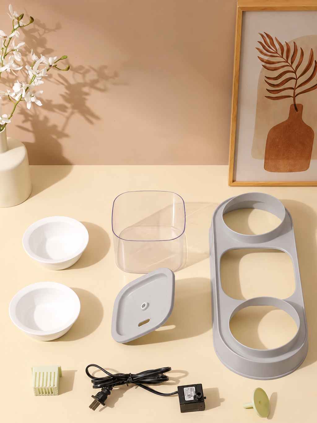 Cat Water Fountain with Double Bowl Set — gravity-water-food-set-gray-04-assembly.png