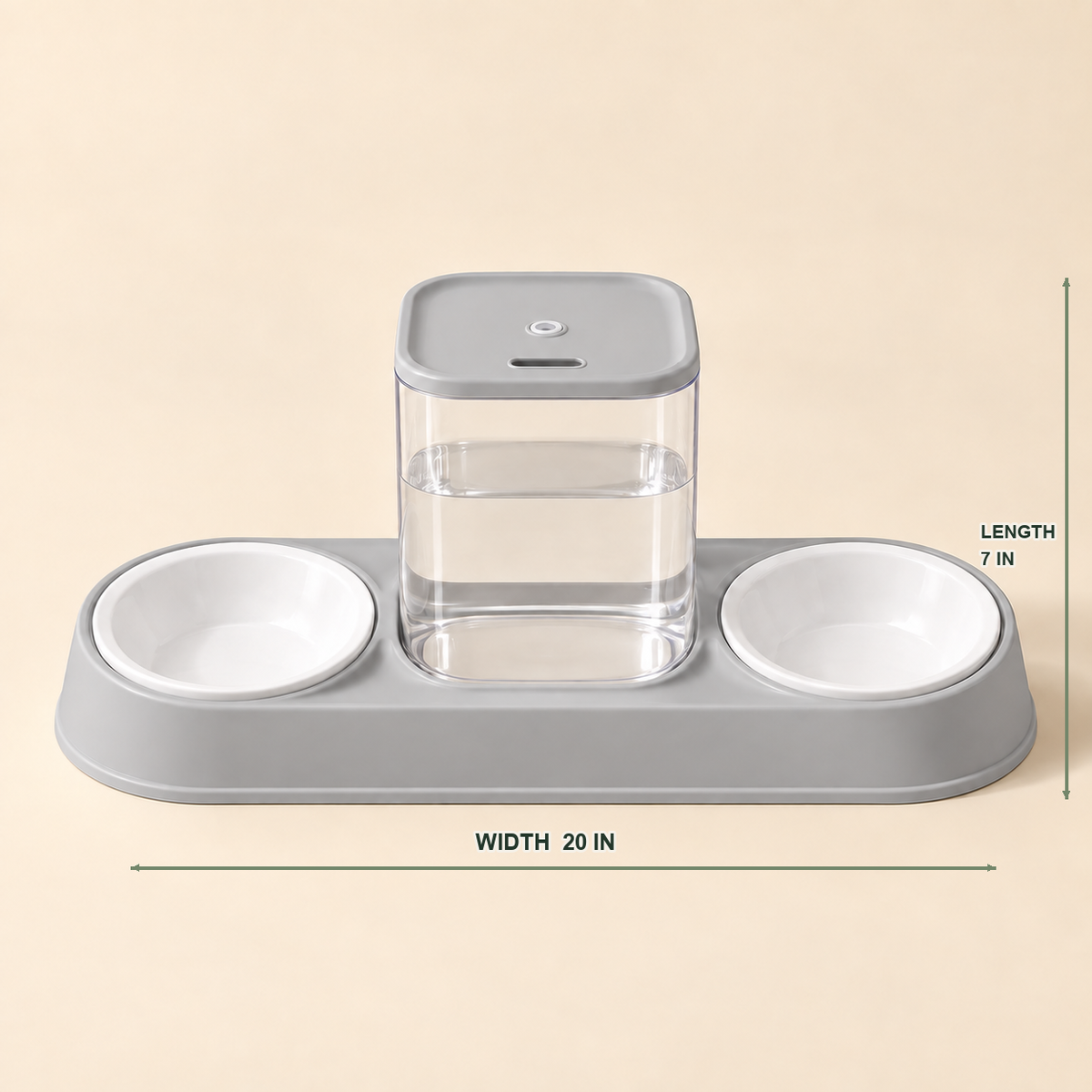 Cat Water Fountain with Double Bowl Set — gravity-water-food-set-variant-gray-05-dimensions.png