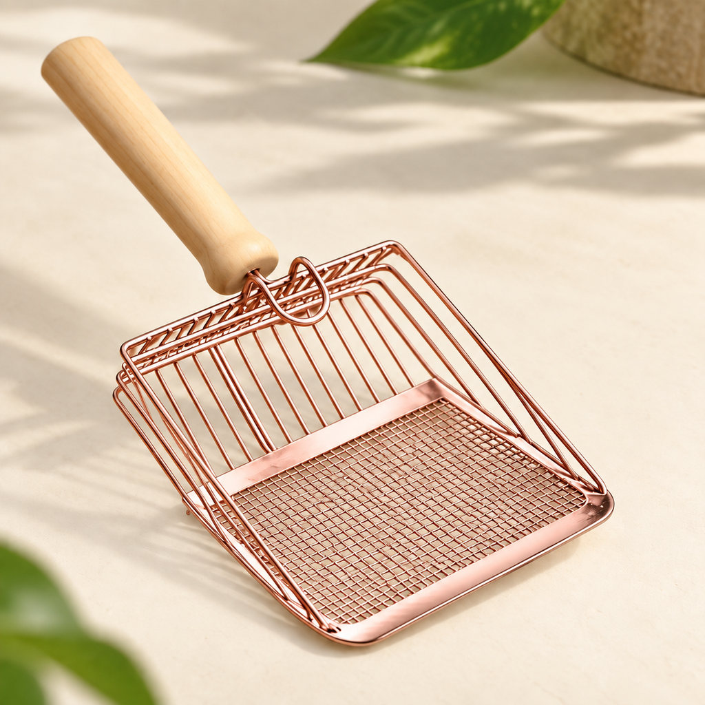 Wood-Handle Metal Cat Litter Scoop — litter-scoop-rose-gold-02-angle.png