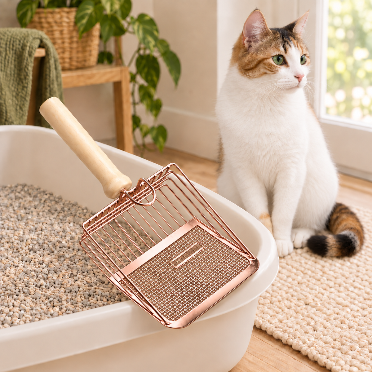 Wood-Handle Metal Cat Litter Scoop — litter-scoop-rose-gold-03-calico.png