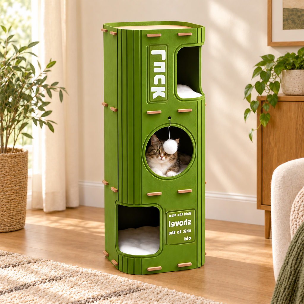 Multi-Level Enclosed Cat Nest Tower — moss-hideaway-cat-nest-03-cat.png