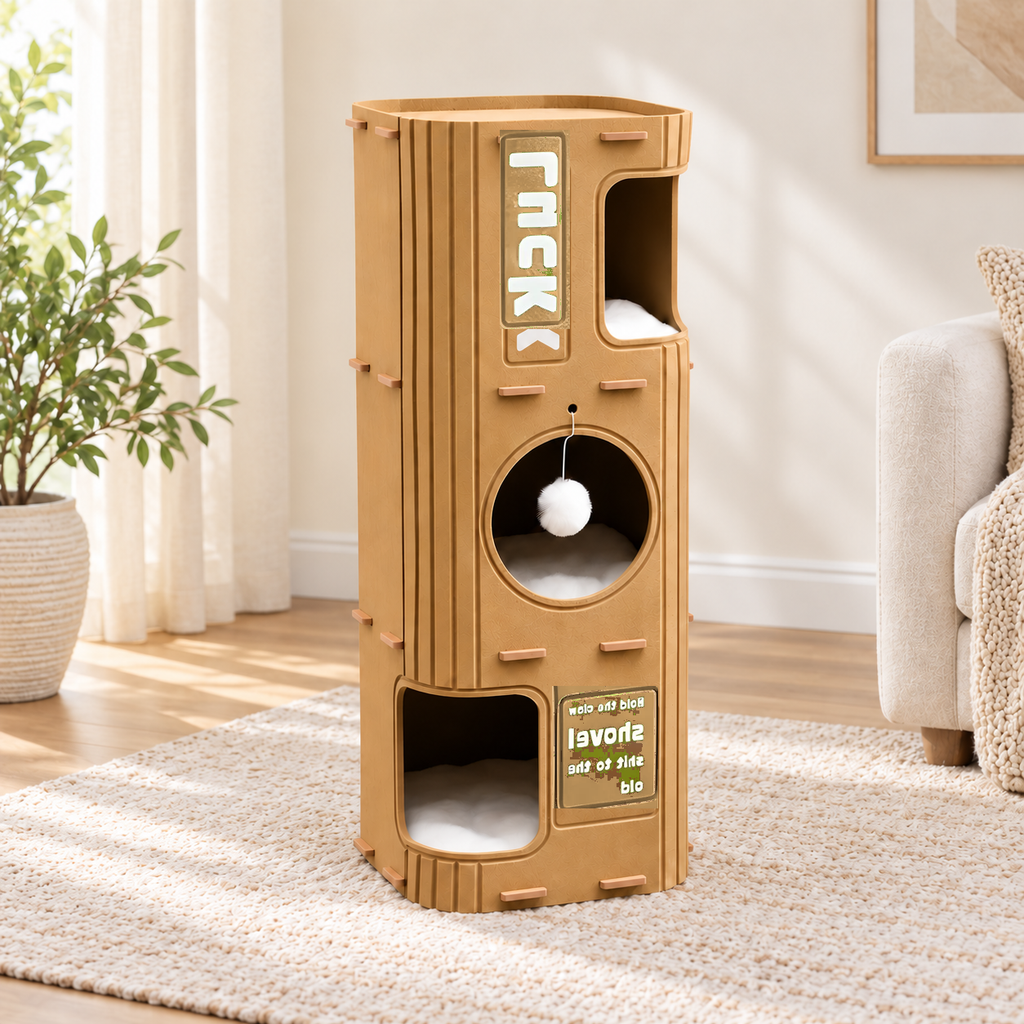 Multi-Level Enclosed Cat Nest Tower — moss-hideaway-cat-nest-camel-02-angle.png