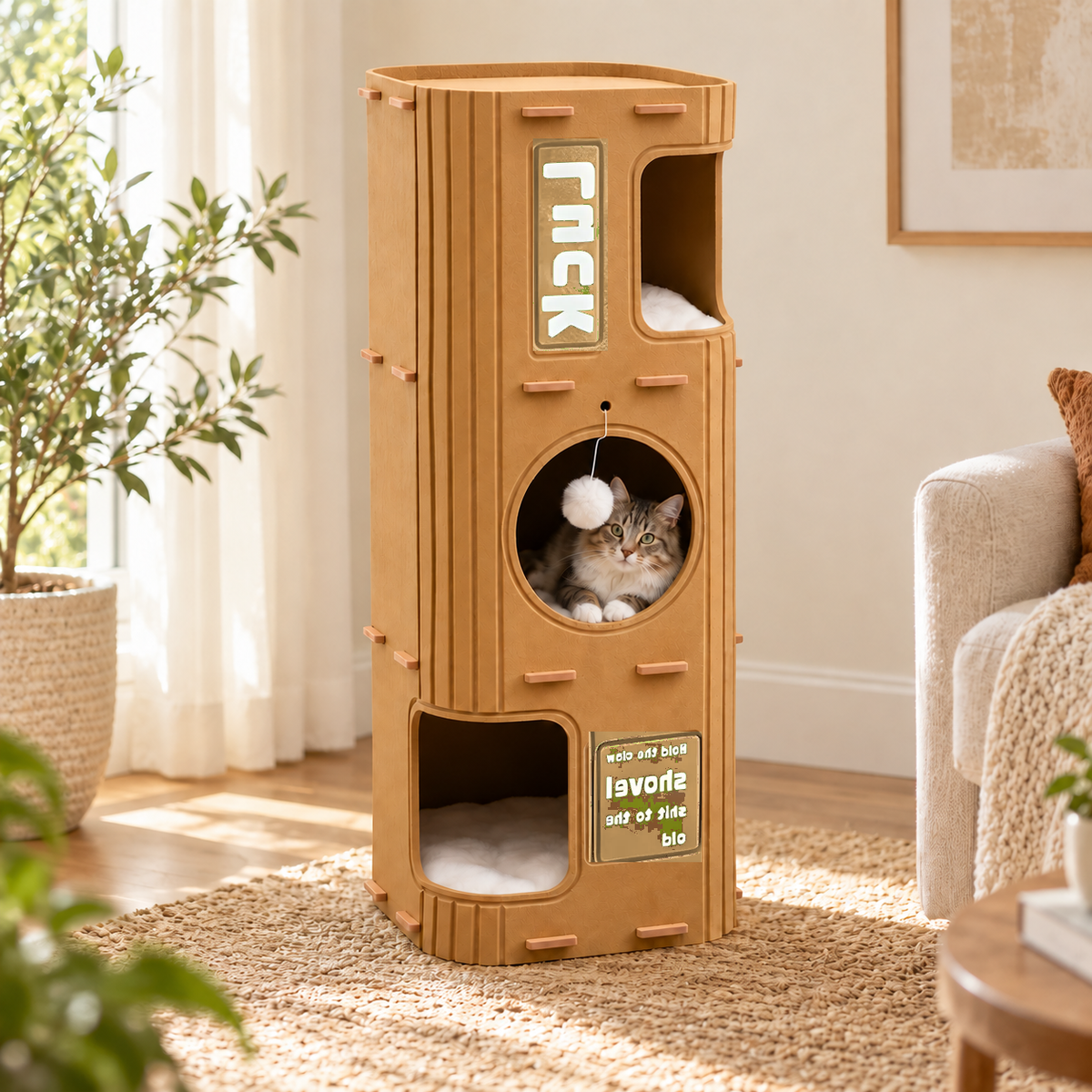 Multi-Level Enclosed Cat Nest Tower — moss-hideaway-cat-nest-camel-03-cat.png