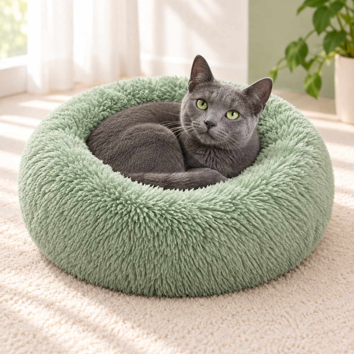 Round Plush Cat Bed — soft-curl-up-bed-03-gray-cat.png